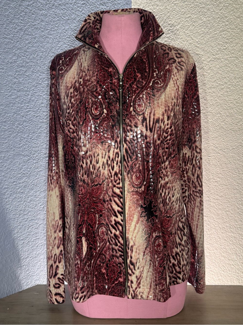 Misook Animal Print Paisley Zip Jacket Large Sequin Stretch Korea